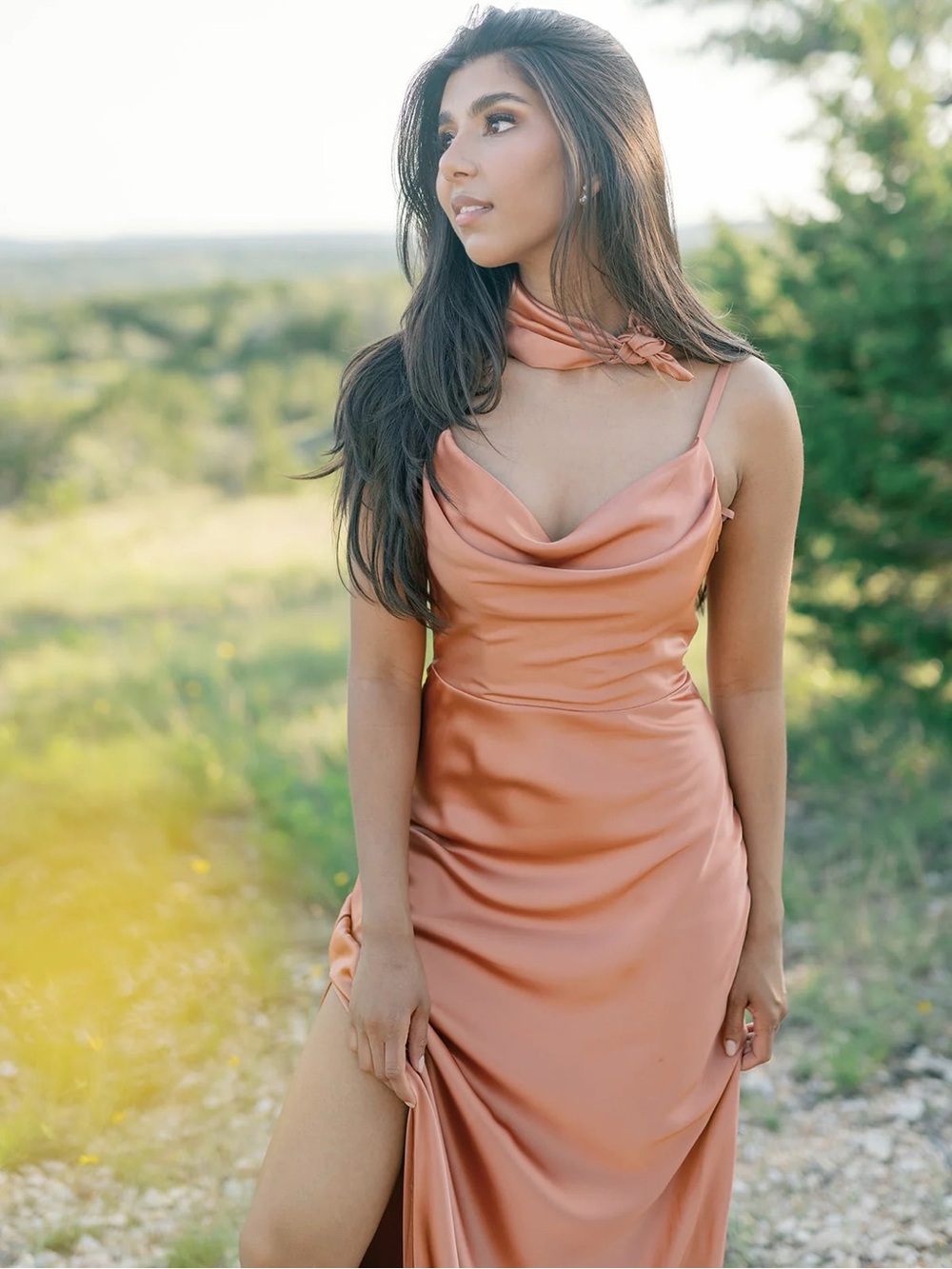 Revelry Nadia Satin Slip Dress in Copper Orange
